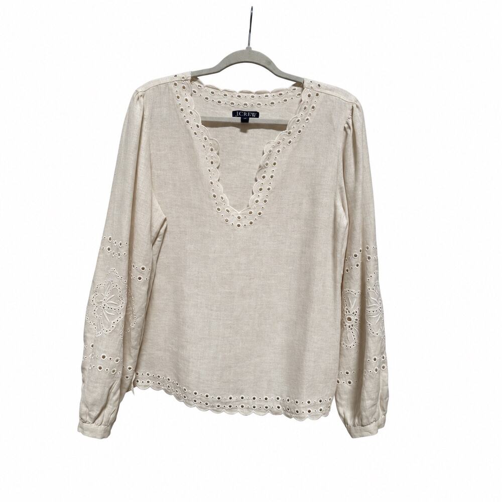 J. Crew Blouse Women's Medium Cream 100% Linen Eyelet Coastal Cottage